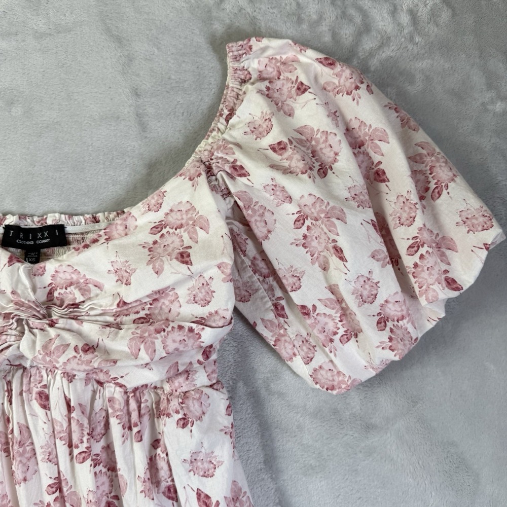 Trixxi Clothing Company Mini Dress XS Puff Sleeve Pink/White Floral Babydoll - Picture 4 of 13